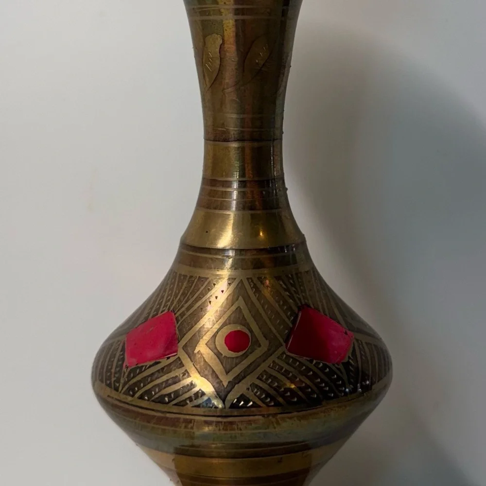 Brass Decorative Vase with Red Inlay - Home Accents